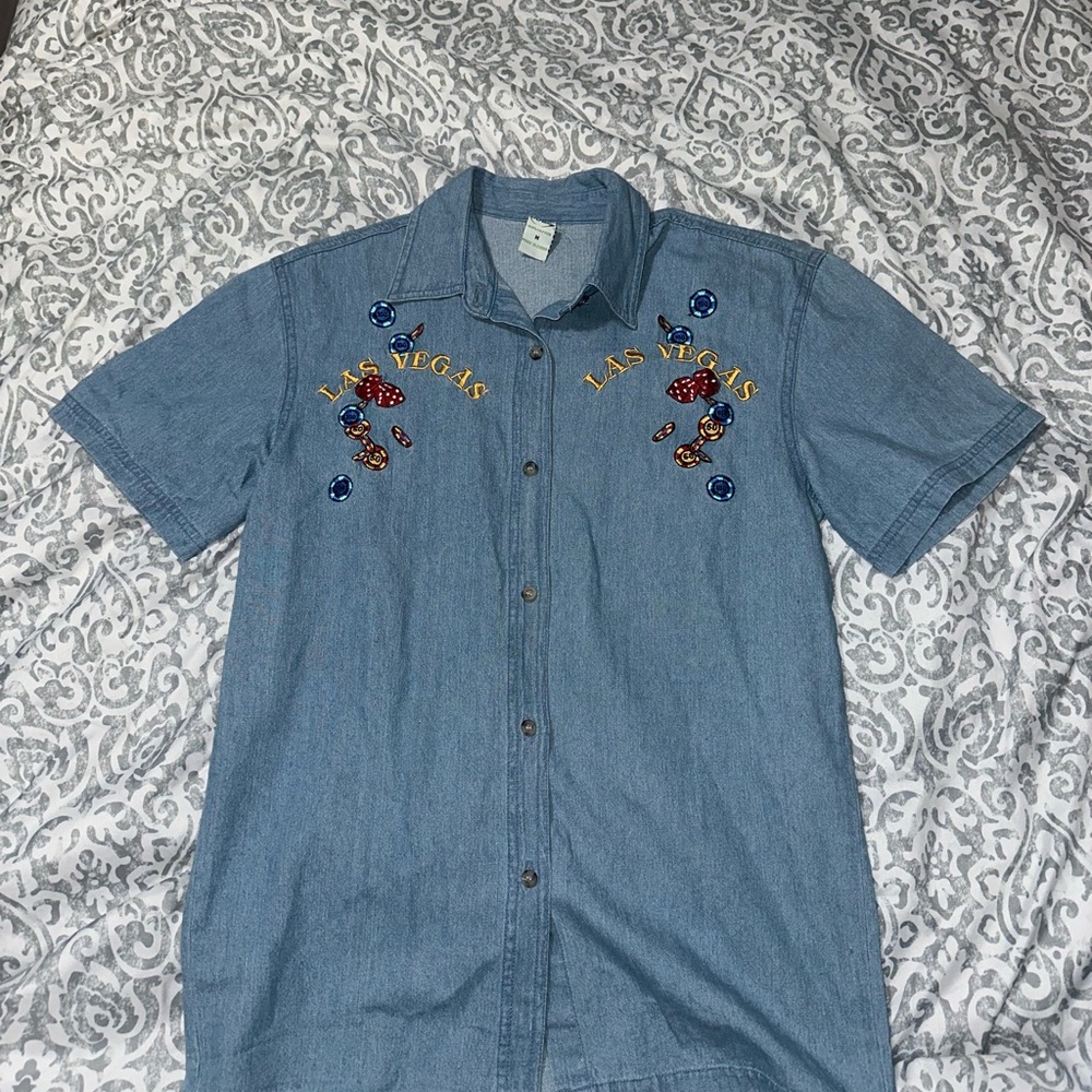 Bay Beauty “Las Vegas” vintage embroidered denim button up shirt